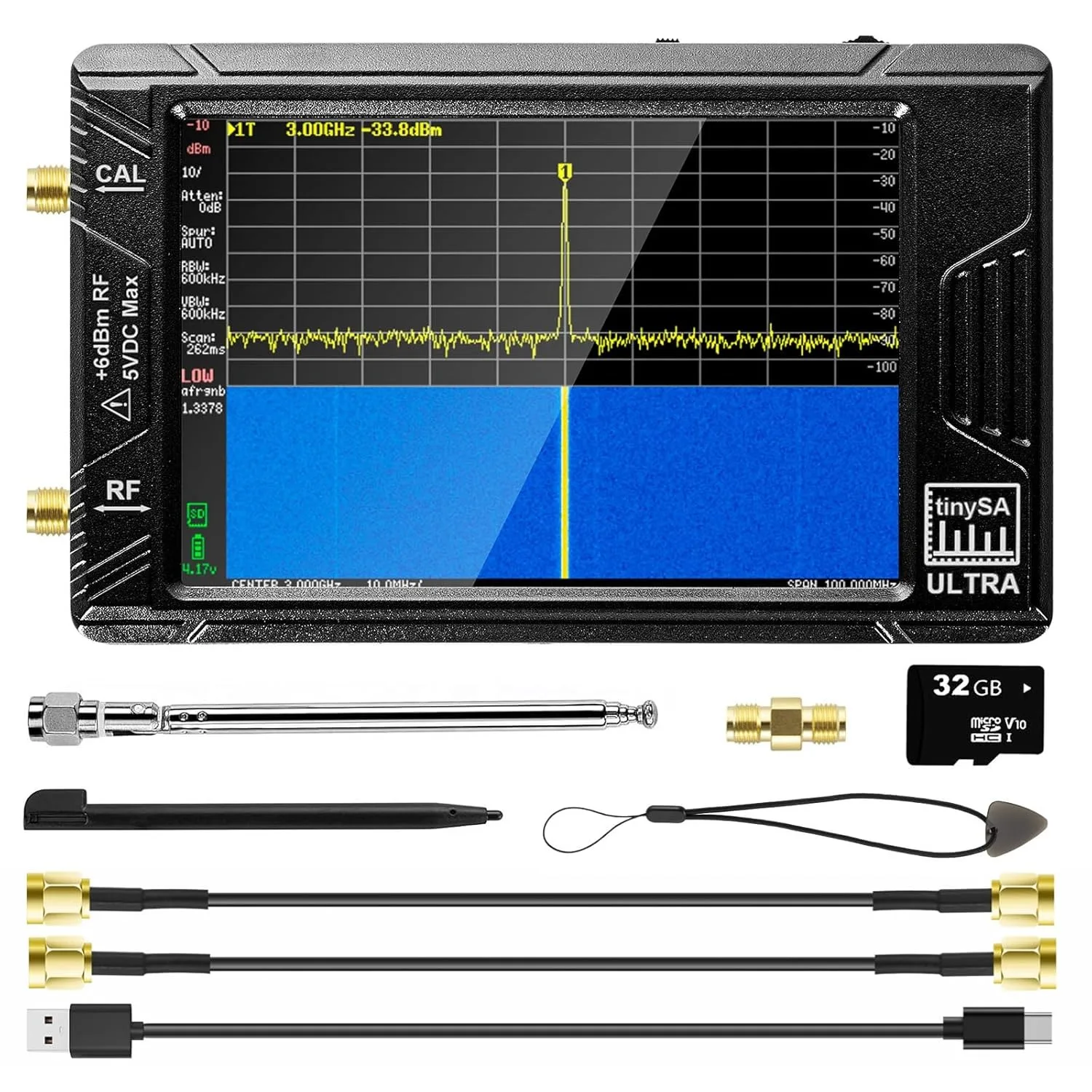 2024 Upgraded 4.0 Inch TinySA Ultra Spectrum Analyzer, 100kHz-5.3GHz HW V0.4.5.1 Handheld Frequency Analyzer with 32Gb Card