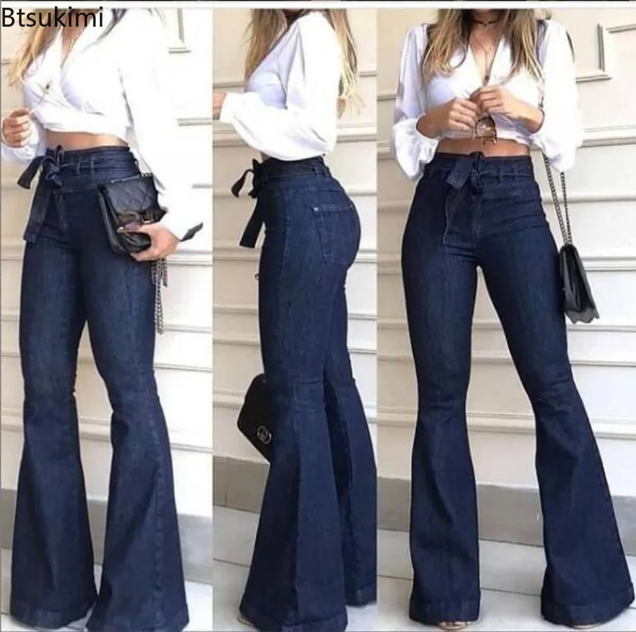 2025 New Women's Solid Denim High Waist Wide Leg Flare PantsSlim Fit Stretchy Jeans  Ladies Casual Work Full Length Trousers