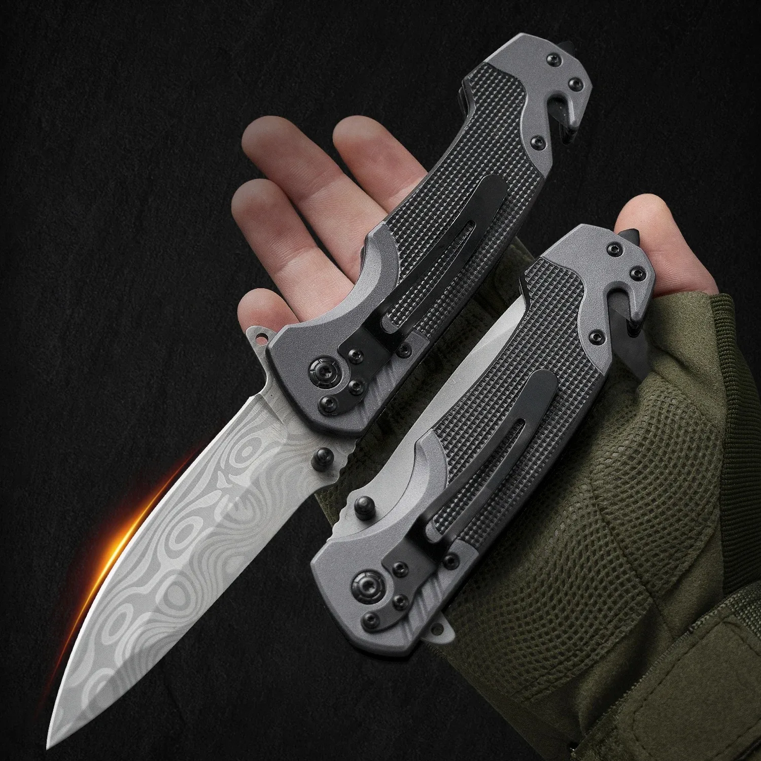 Cuchillo plegable con patrón de damasco para exteriores, navaja de bolsillo multifuncional EDC, navaja de supervivencia para Camping, autodefensa, senderismo, barbacoa