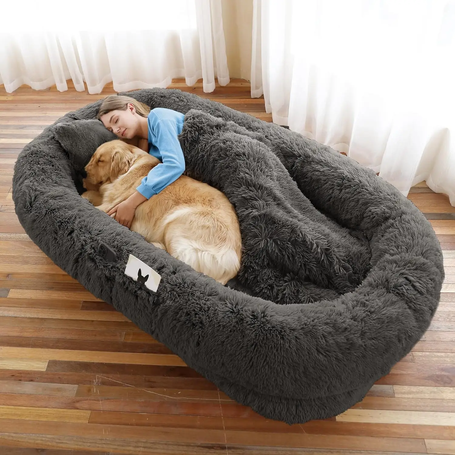 71''x45''x12'' Human Dog Bed, Washable Faux Fur Pet Bed for People and Pets, Orthopedic Napping with Plump Pillow - Dark Grey