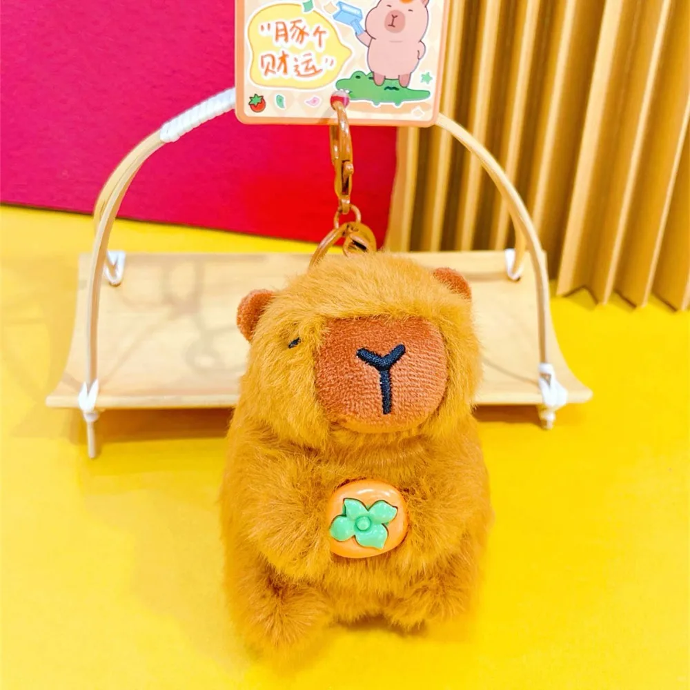 Brown Soft Capybara Key Ring Persimmon Funny Plush Animal Pendant Fur Cross Dressing Shaking Sounding Toy Girls