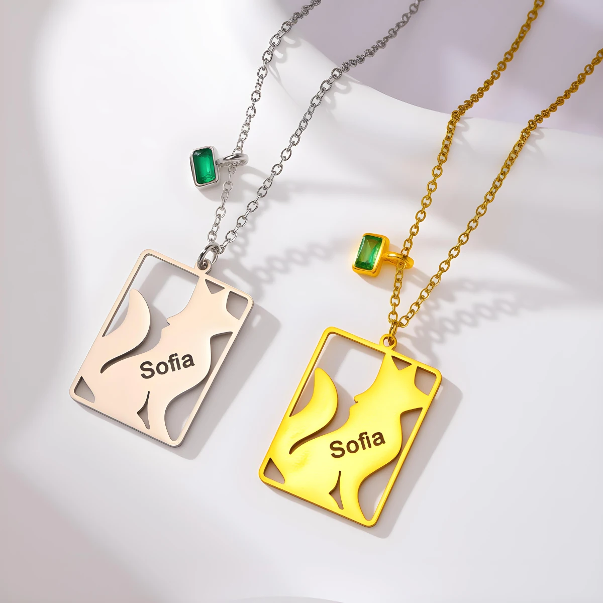 Custom Name Hollow Rectangle Pendant Necklace Personalized Letter Fox Animal Necklaces Stainless Steel Charms Jewelry Gift