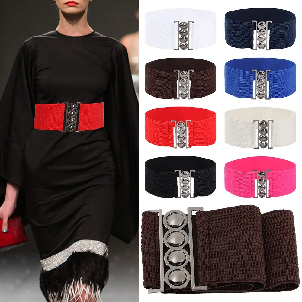 Women Stretch Cinch Wide Elastic Belt Ladies Dress Cummerbands Waist Band Metal Buckle Waistband