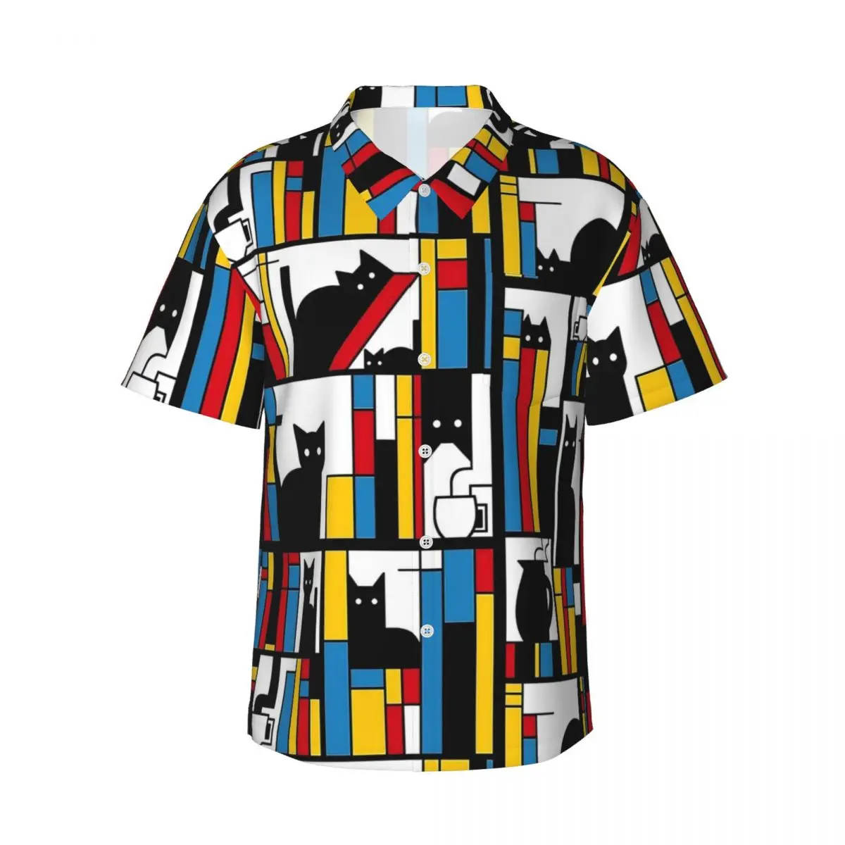 Mondrian Cats Library Casual Shirt Retro Hawaiian Shirts Man Short Sleeve Vacation Y2K Funny Graphic Oversize Blouses