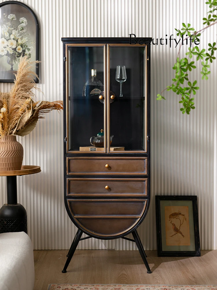 

American-Style Antique Glass Door Wine Cabinet Household Minimalist Display Cabinet