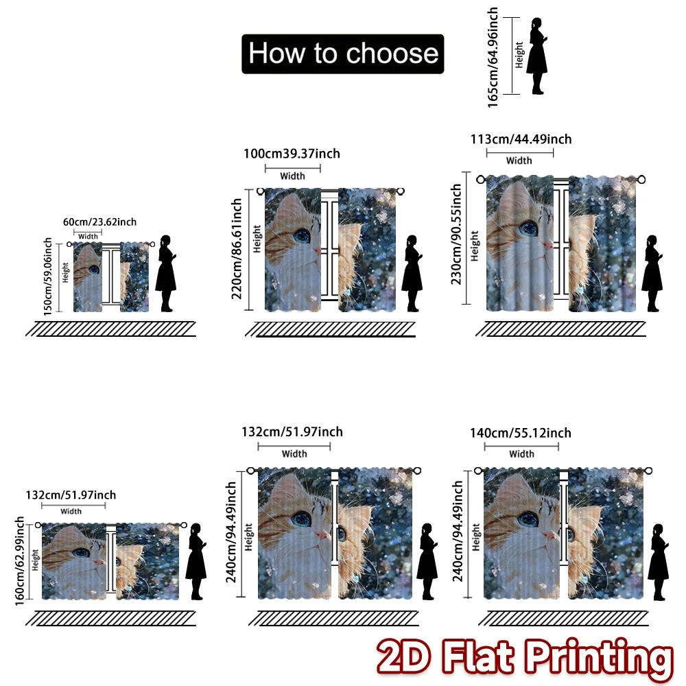 2D Flat Printing,2pcs Cute Kitten with Sparkles Chic Curtains&Drapes 100% Polyester Curtains Outdoor Decorations Use for