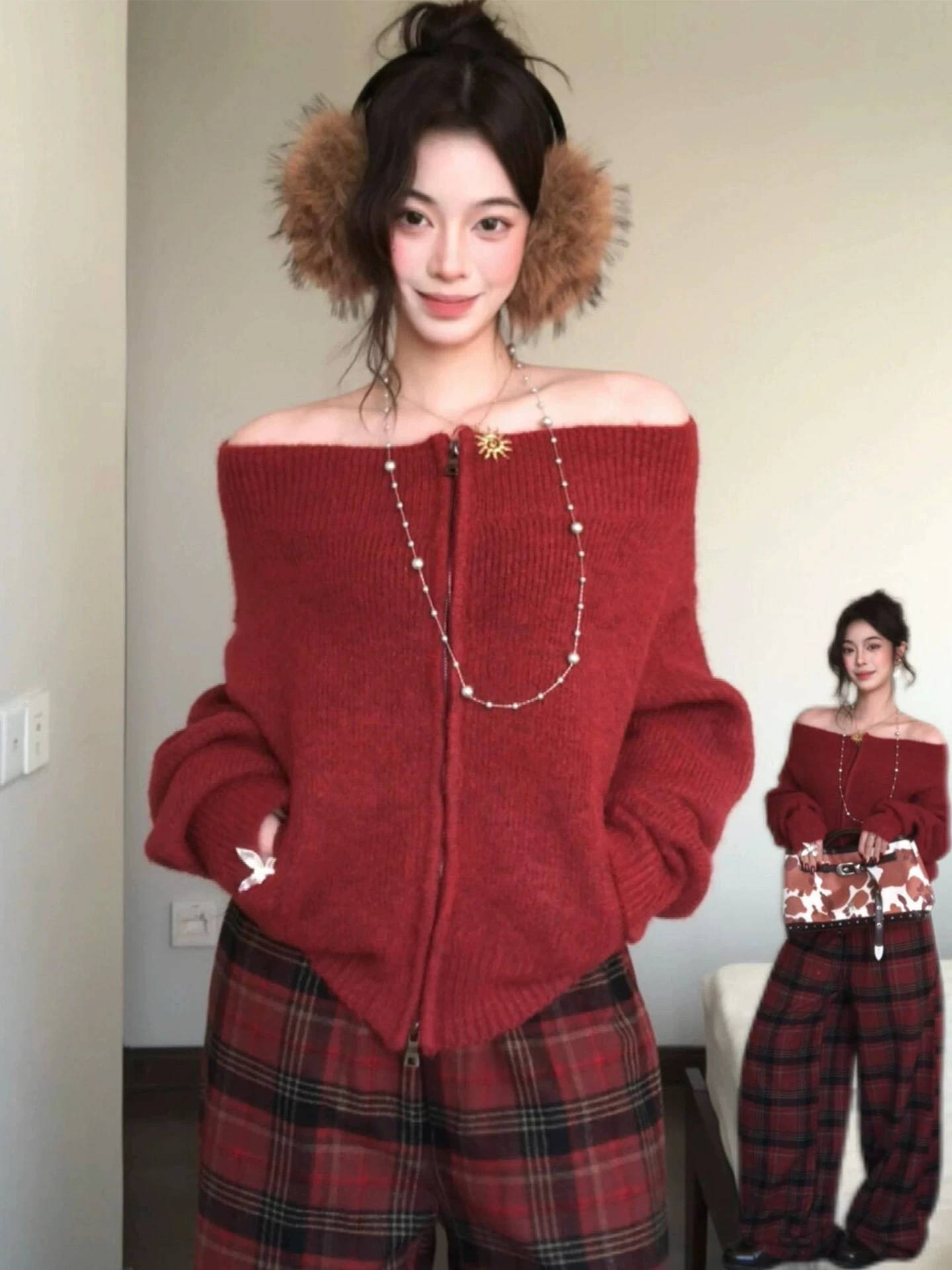 

Красный вязаный свитер на одно плечо с молнией, свободный крой, стройнящий эффект, открытый кардиган, верхняя одежда для женщин, весна-осень, новогодняя коллекция