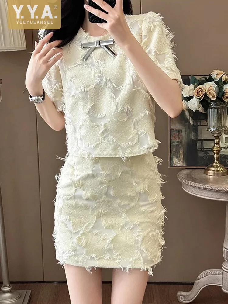 

Fashion Women Summer Short Sleeve Mini Wrap Skirt Two Piece Set Sweet Ladies Birthday Party Bowknot Outfits Elegant Matching Set