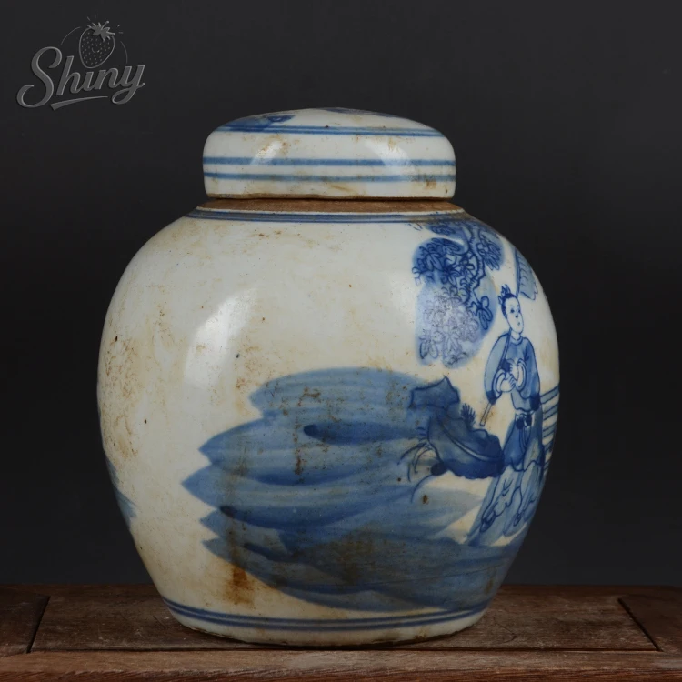 6.2 "الصينية الأزرق والأبيض الخزف جرة سلالة تشينغ جينغدتشن كيلين و طفل تصميم وعاء الشاي العلبة إكسسوارات ديكور منزلي