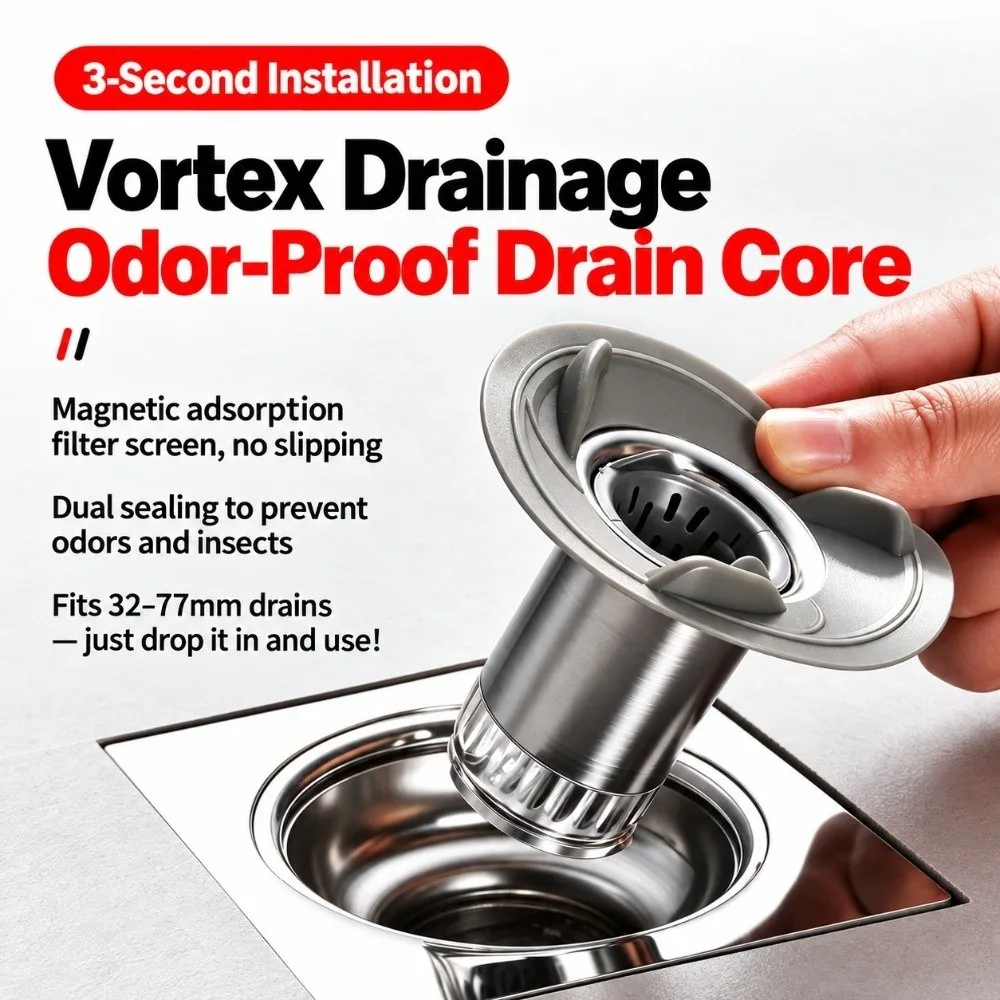 Magnetic Sealing Floor Drain Turbine Guide Double Seal Bathroom Drain Universal Fit Stainless Steel Odor Proof Drain Core