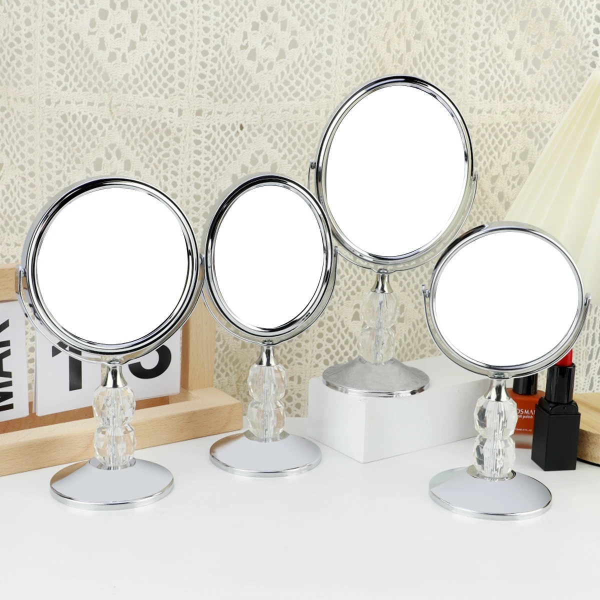 1Pcs Desktop Standing Makeup Mirror With Paper Box Crystal Handle Beauty Mirror 360 ° Flip Double-Sided High-Definition Mirror