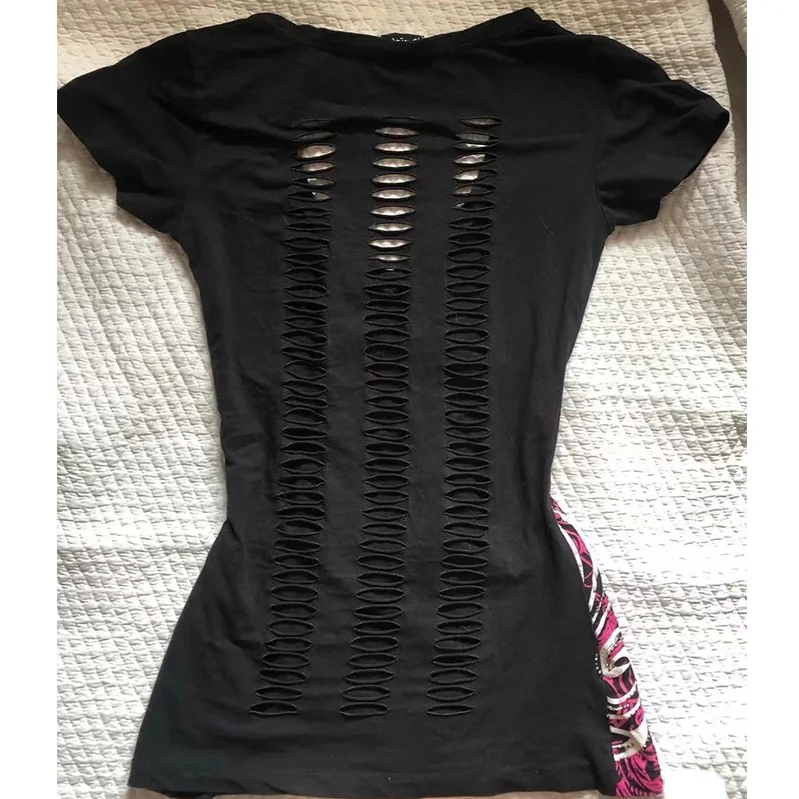 Summer American Vintage Hollow-out Design Clothing Ladies Y2K Punk Tee Slim Short Sleeve T-shirts Gothic Harajuku Chic Print Top
