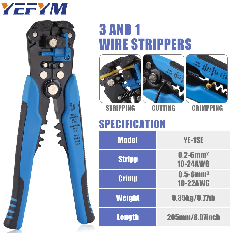 3 In 1 Automatic 8 Inch Self-adjusting Wire Stripping Tool, Wire Stripper 24-10 AWG (0.2-6 mm²) YE-1SE ,Cutting & Crimp Pliers