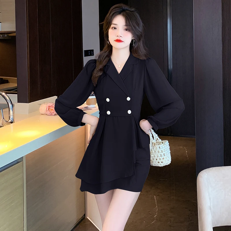Real Photo Spring New OL Short Blazer Dress Outfits Bodycon Double Breasted Pleated Dress and Shorts Two-Piece Set Suits Female