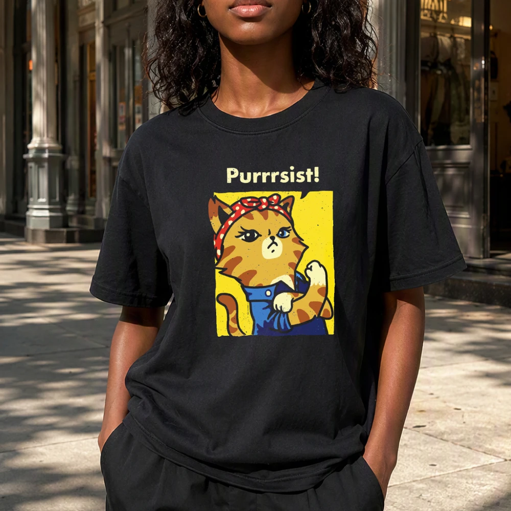 Feminist Purrsist Cat Art Girl Black Graphic Print Top Empowerment Women Shirt Activist Rally Wear Quality Cotton Tops