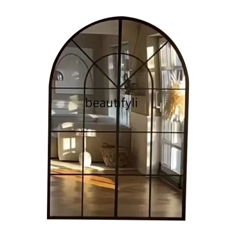 cqyAmerican retro false window decorative mirror solid wood arch mirror living room can be wall hung, floor