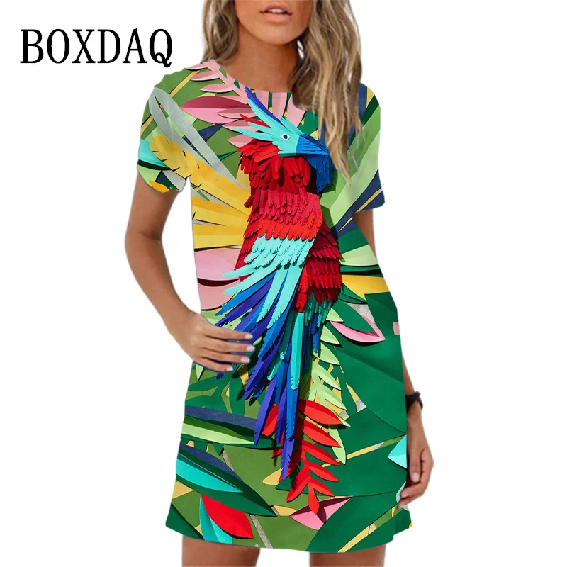 

2024 New Print Women Dress Plus Size Casual Beach Sundress Ladies Elegnat Short Sleeve Summer Loose Mini Dress