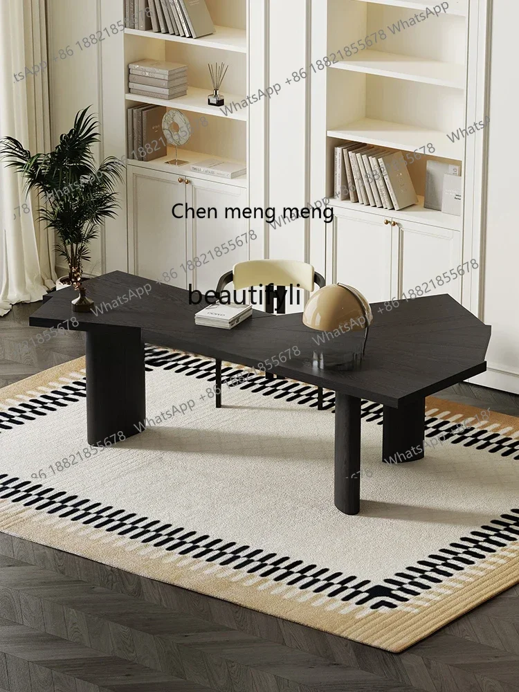 

ss7304 Italian Minimalist Desk Modern Minimalist Solid Wood Smoked Wood Leather Desk Desk