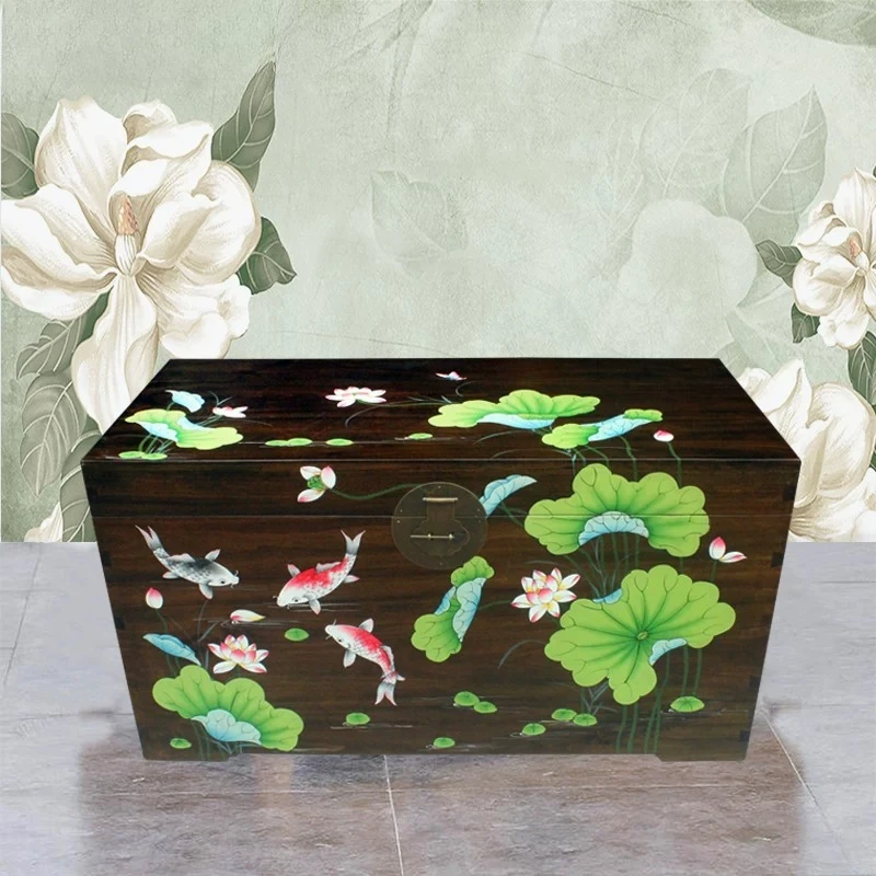 Chinese painted solid wood camphor wooden box bedside table side table storage cabinet calligraphy and painting suitcase