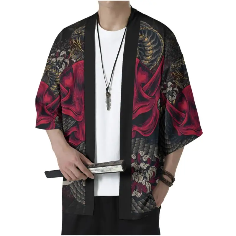 Japanese Oni Mask Haori Kimono Cardigan Snake Pattern Ukiyo-e Style Open Front Streetwear Harajuku Coat For Men Cosplay Party