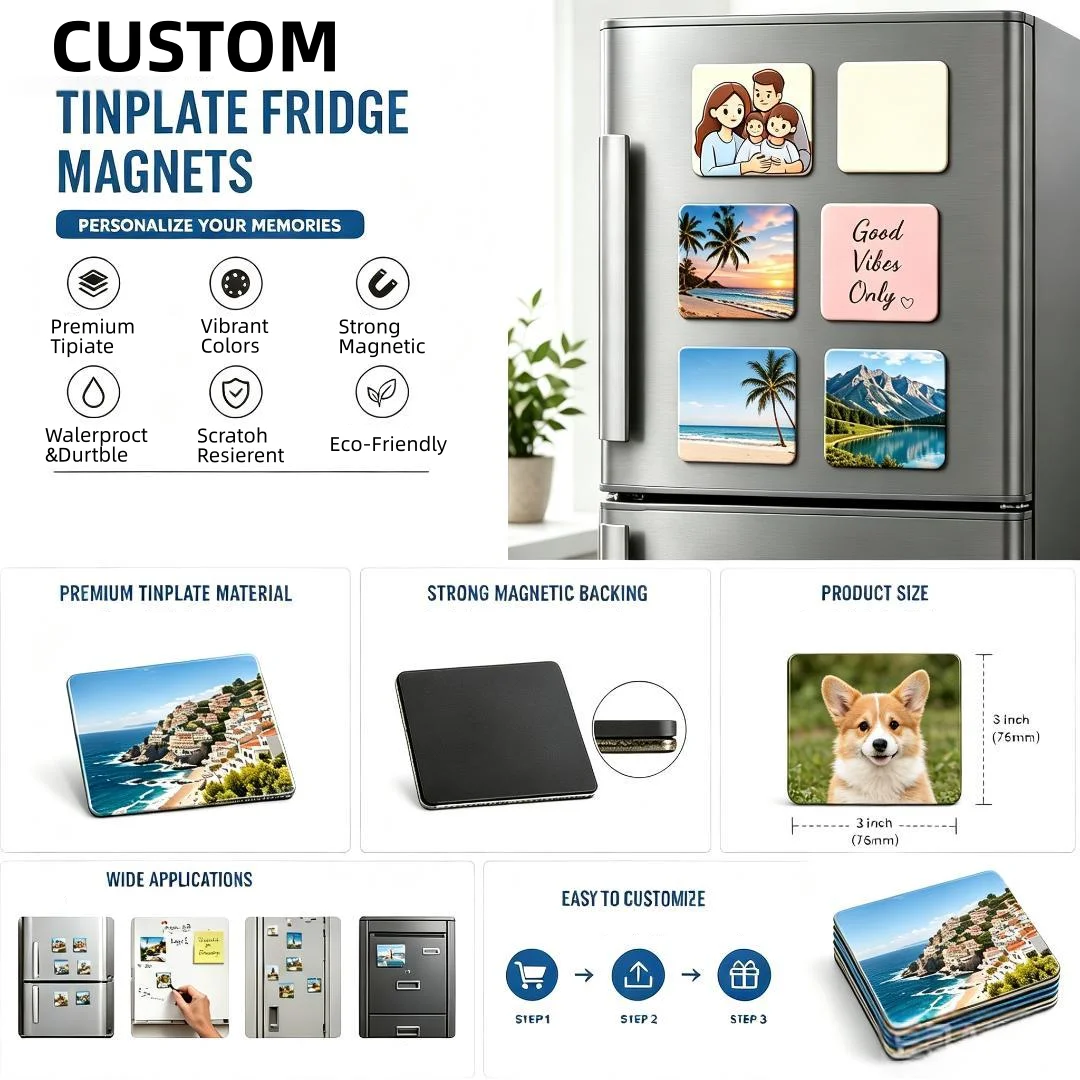 Custom Metal Tinplate Refrigerator Magnets Eco-Friendly Tin Metal Strong Magnetic Modern Refrigerator Magnet Make Your Own Logo