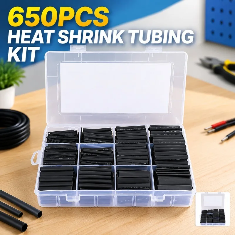 650Pcs Heat Shrink Tubing Box Kit, Black Assorted Sleeves, Insulating Wrap, Thermal Retractable Tube, Protect Wire Joints