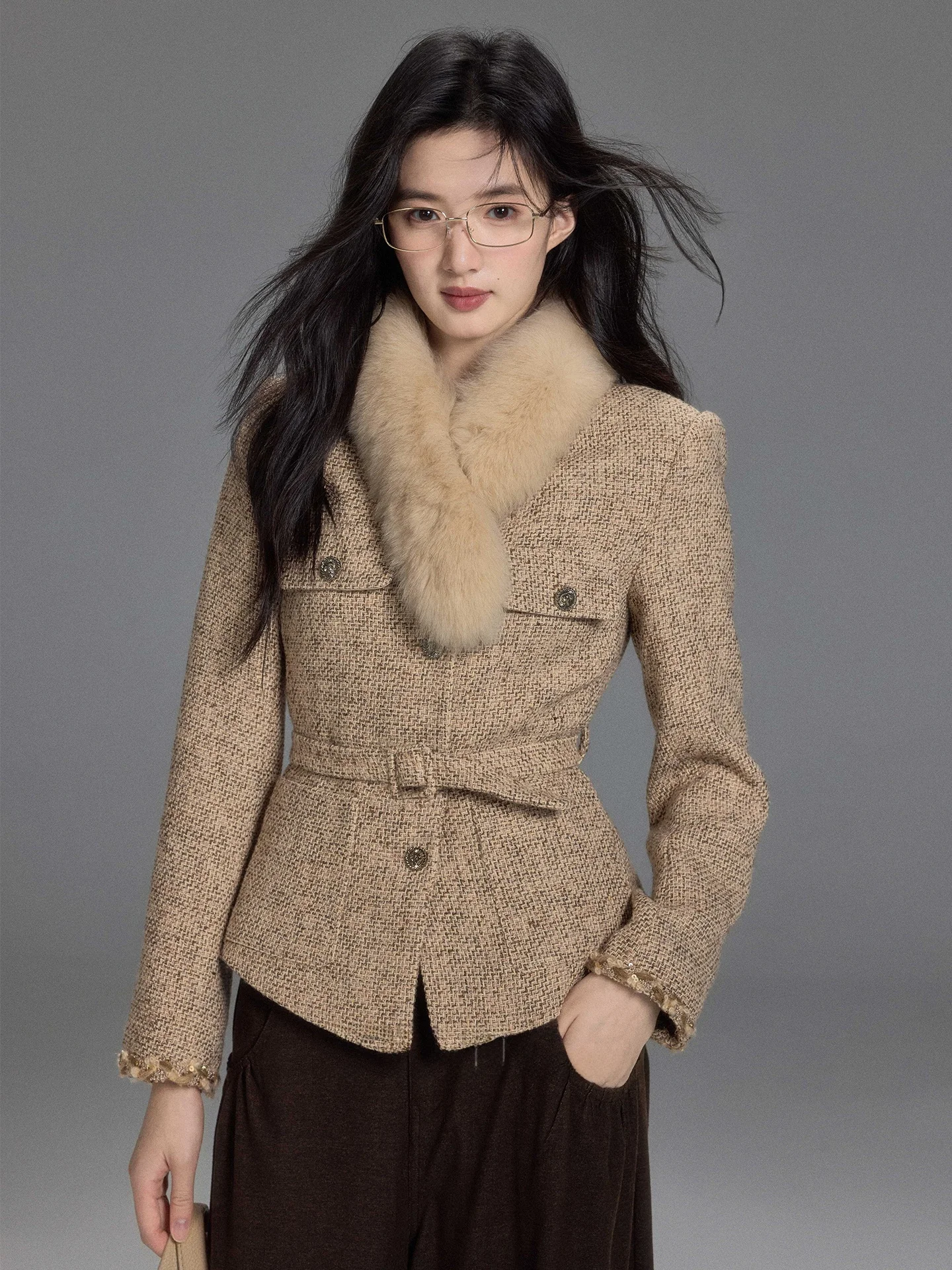 

Ele Retro Sle Jaet Women's Waist-Cinching ort oulder-Length Faionable Top by Er Yang Design Commute Wear