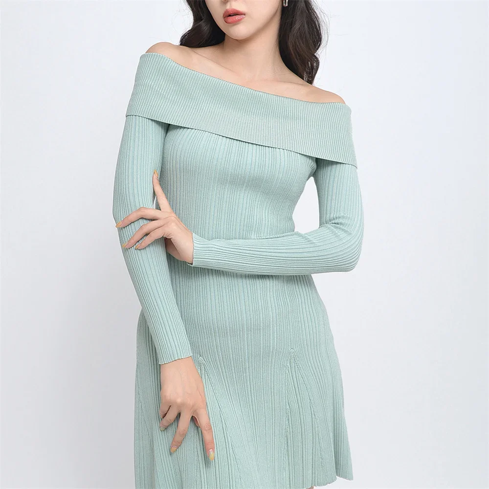 

Slash Neck Women Strapless Mini Dress Sexy Slim Fit Lady Long Sleeve Green Short Knitwear Robe