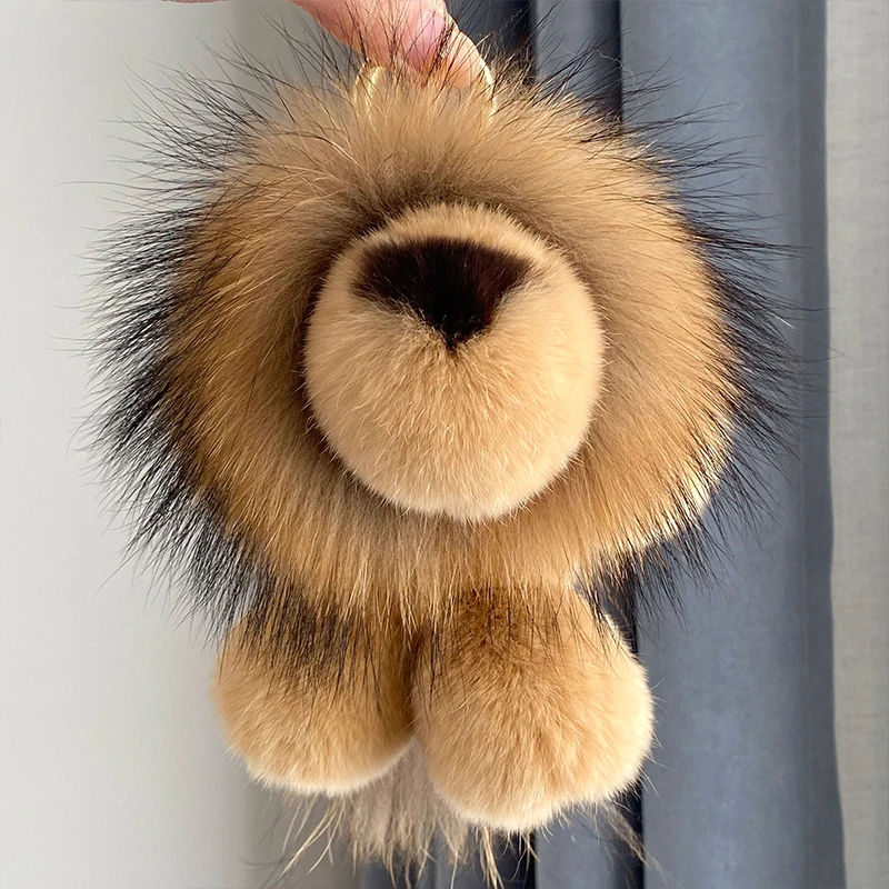 Luxury Real Rex Rabbit Fur Lion Pendant Keychain Women Cute Doll Toy Kids Trinkets Bag Charm Car Keyring Ornament Birthday Gift