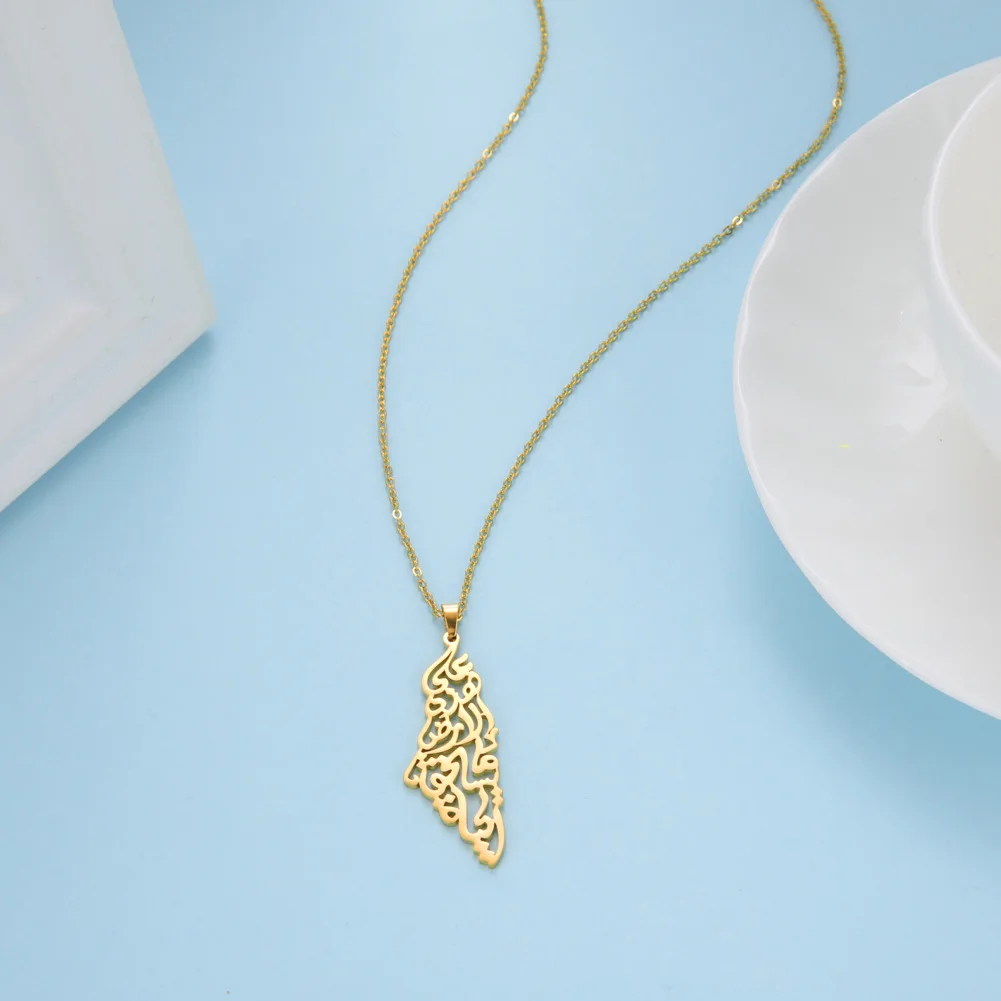Ethnic Arabic Calligraphy Palestine Map Pendant Necklace For Women Men Stainless Steel Jewelry view 5