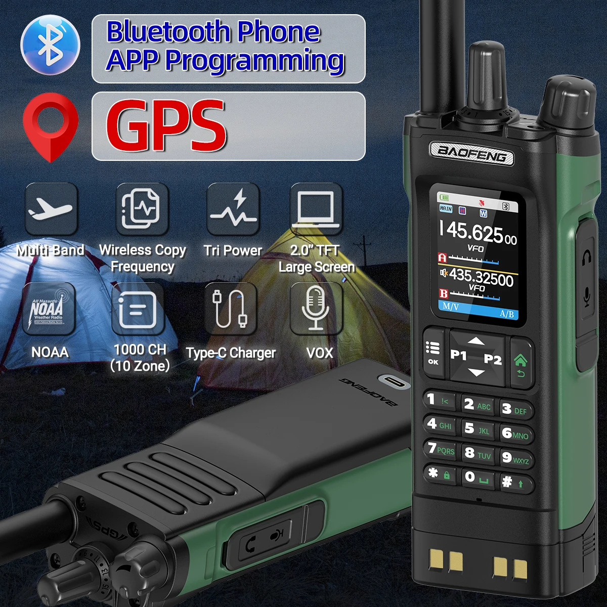 BAOFENG UV-32 Multi Band Walkie Talkie GPS Wireless Copy Frequency Bluetooth Phone APP Programming Air Band Type-C Ham Radio