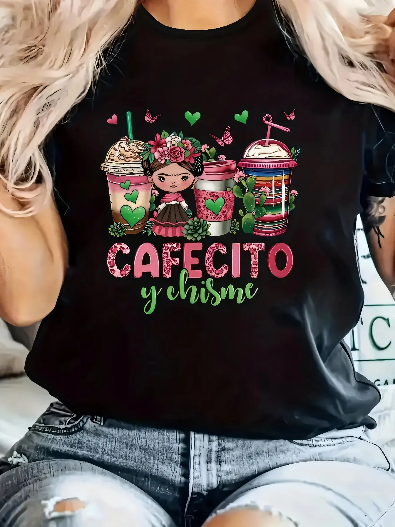 Camiseta con estampado para mujer, ropa informal oscura de manga corta con cuello redondo, talla grande, primavera y verano