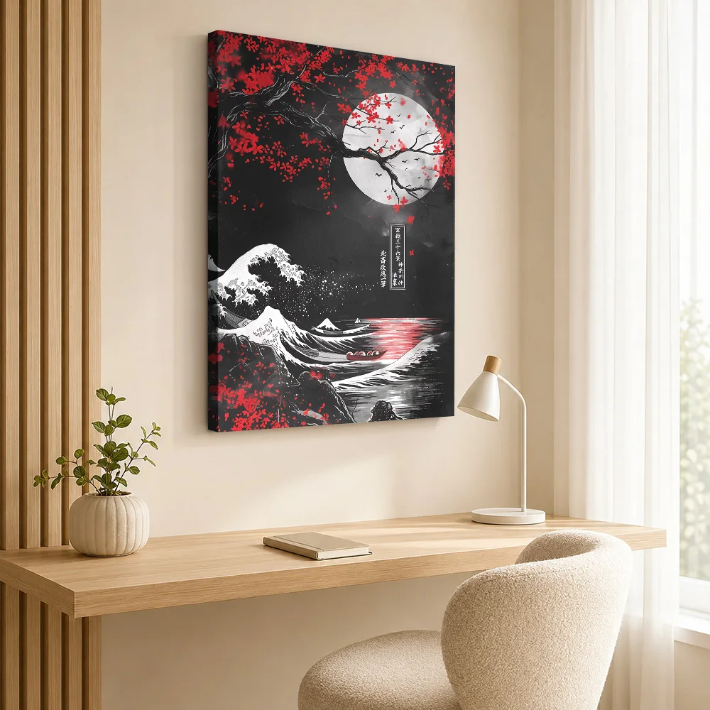 Great wave off Red moon Canvas Painting Poster Custom Japanese Inspired Canvas Wall Art for Office Hallway Decor Ready to Hang