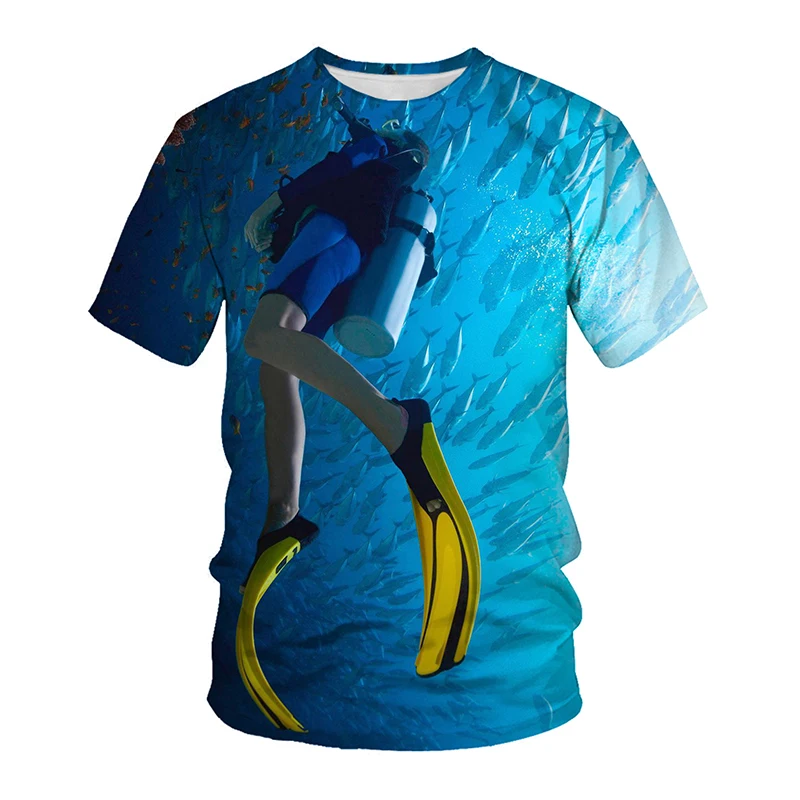 Summer Men\'s Fun Scuba Diving Explore The Underwater 3D Printed Men\'s T-shirt Crew Neck Short Sleeve Loose Top O-Neck T-shirt