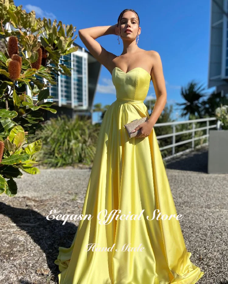 Customized Yellow Evening Dresses Long Satin A Line Sweetheart Wedding Party Gown Corset Back Gala Prom Dress with Pockets