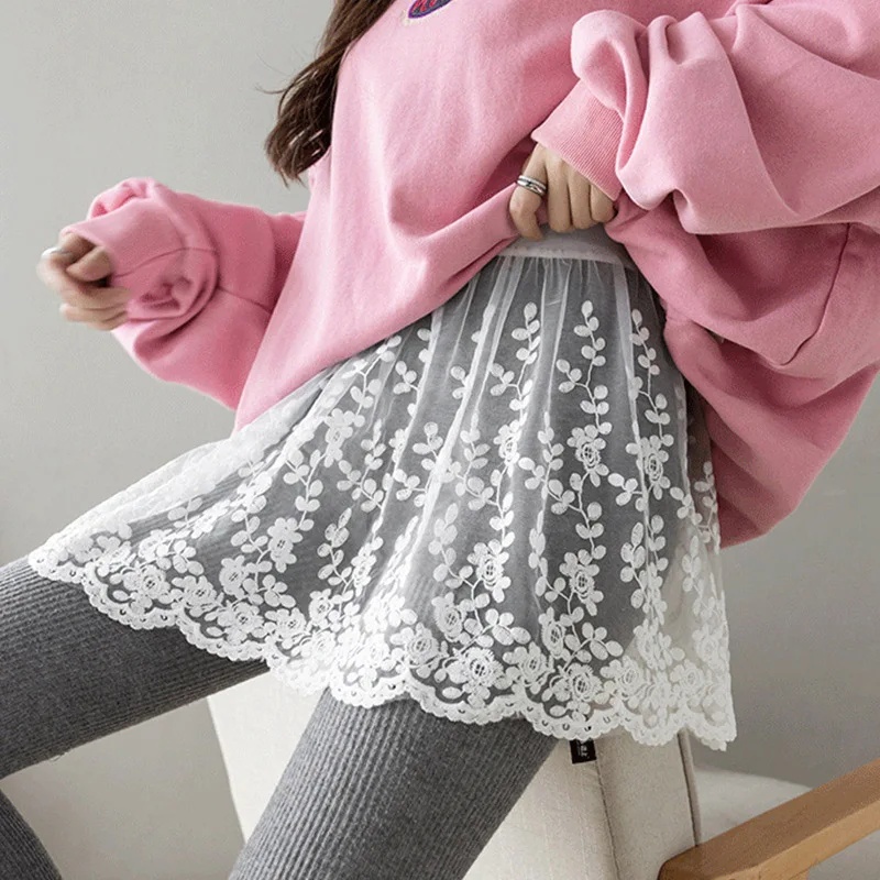 2026 HOT! Flower Embroidery Women Skirt Extender with Lace Hem Spring Autumn Layering Fake Tops Hemline Mini Skirt Black White