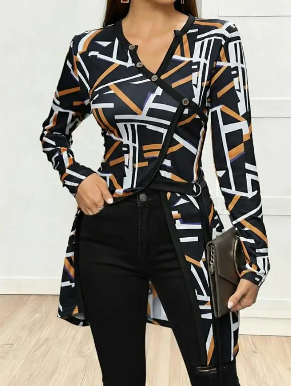 

Spring Geometric Pattern V-Neck Slim Fit Long Pullover T-Shirt for Daily Casual Long Sleeved Top for Women