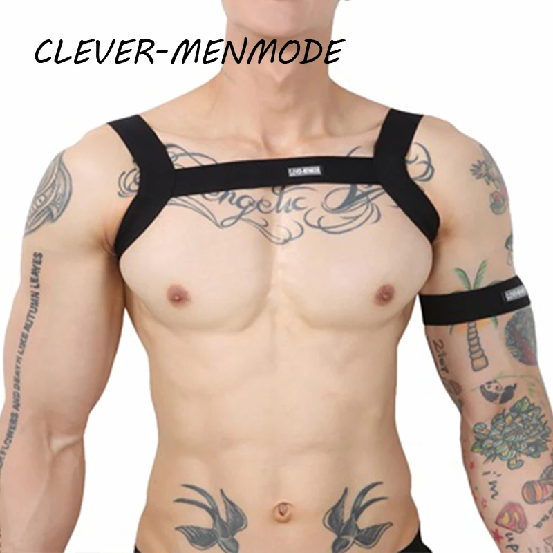 CLEVER-MENMODE Men\'s Sexy Harness BDSM Bondage Body Chest Neck Halter Shoulder Belt with Armband Fetish Costume Night Club Wear