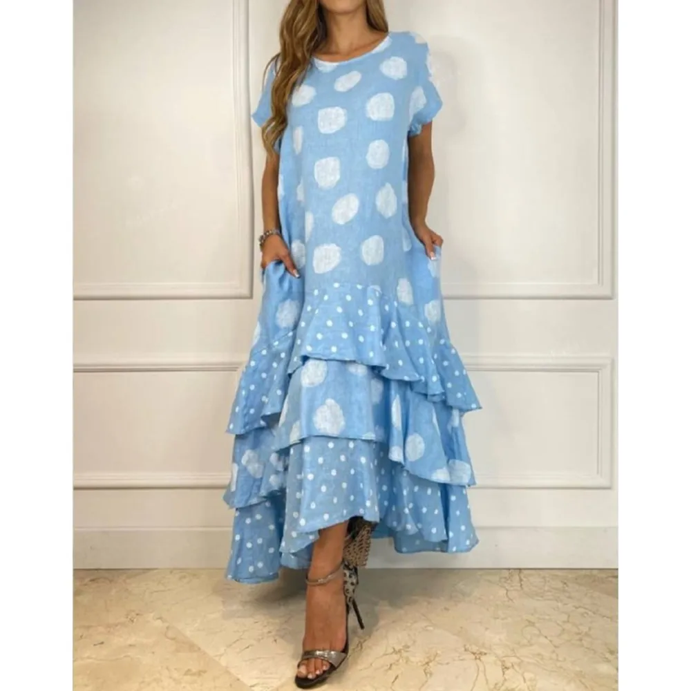 Fashion Polka Dot Print Short Sleeved Women's Dresses Summer New Casual Loose Overlapping Large Swing Female Elegant Long Dress