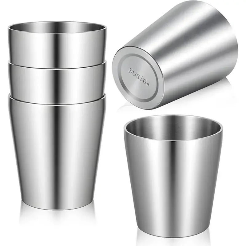 M11K-Double Wall Stainless Steel Cups 5 Pcs 10 Oz Silver Vacuum Tumbler Metal Drinking Glasses For Camping For Party Home