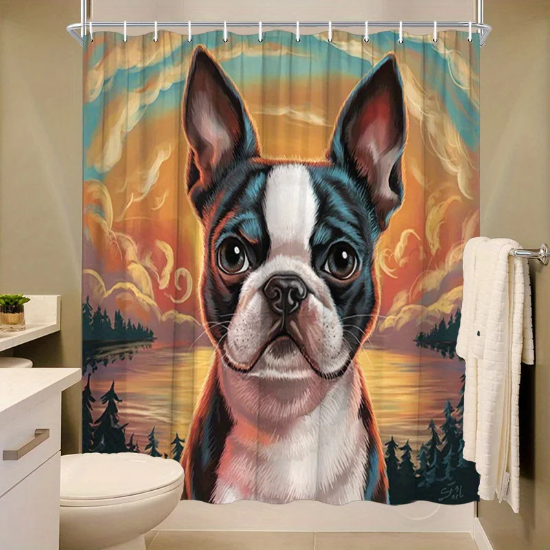 Boston Terrier Sunset Lake Shower Curtain - Vibrant Art, Polyester,70.8x70.8 Inches,Washable & Line Dry, Artistic Bathroom Decor