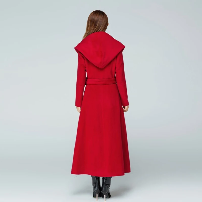 Red Long Slim-Fit Warm Wool Coat  Winter Fashion Hooded Wool Coat / Long Belted Wool Coat for Winter