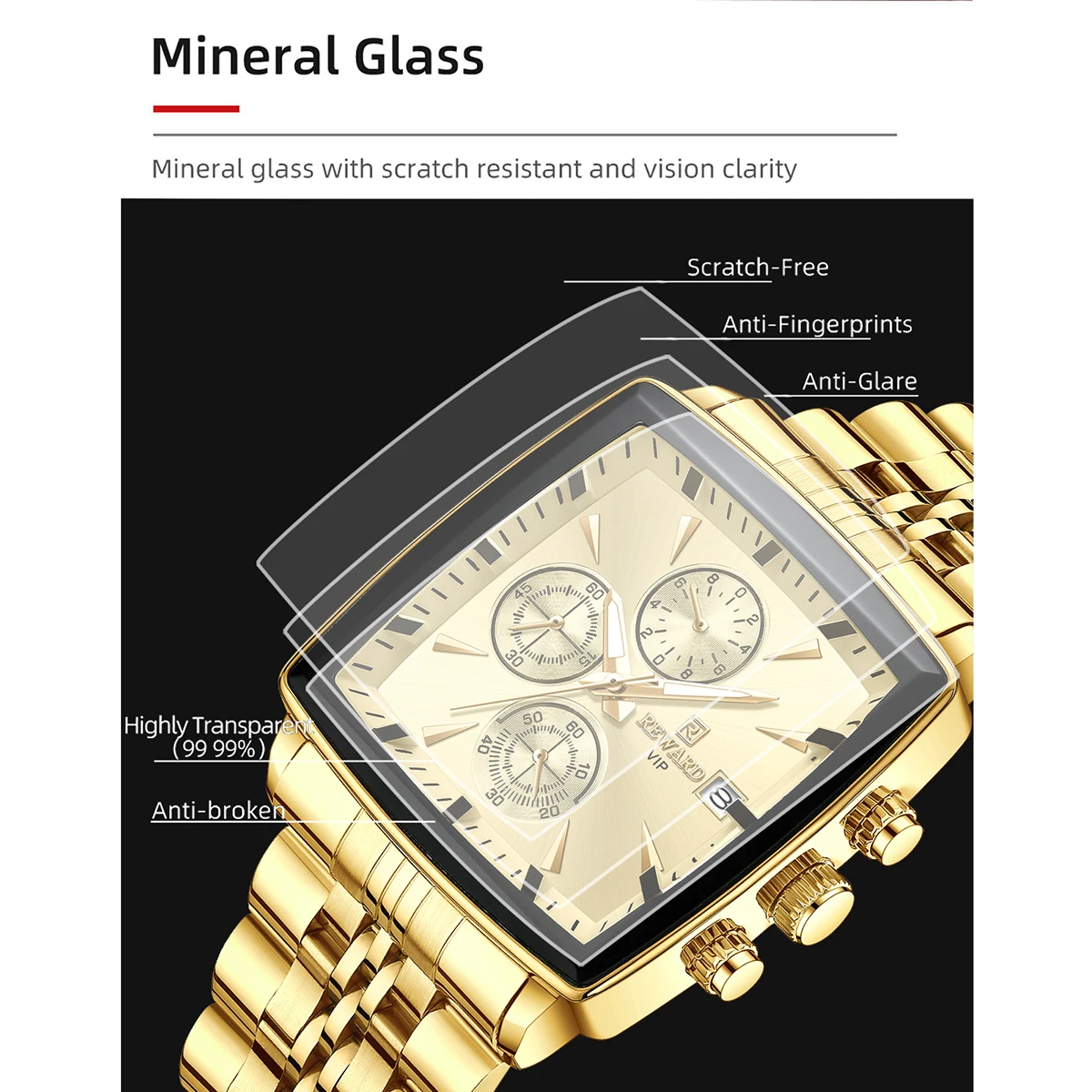 REWARD Golden Watches Rectangle Men\'s Watches Quartz Wristwatches Luxury Business Watch Clock Man Luminous Hands