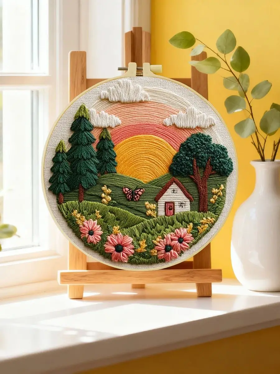 1 Stück 20X20CM/15X15CM 7,87/6,3 Zoll Landschafts-Stickerei-Starter-Kit DIY-Kit DIY-Stickerei-Set für Anfänger – Detail 6