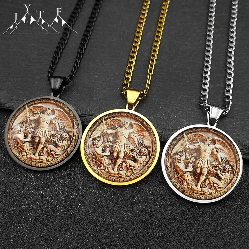 SAINT MICHAEL PROTECT US Archangel Stainless Steel Glass Medal Necklaces Chain Men Women Gold Color Necklace Amulet Jewelry
