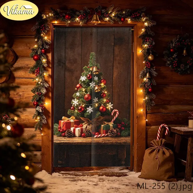VIKAMA Vintage Christmas Half Door Curtain Christmas Tree Gift Box Print Curtain Privacy Divider Festive Cozy Home Decor