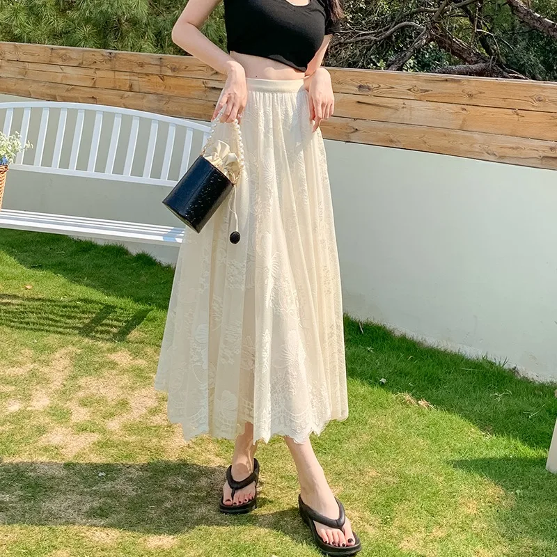 Ele saia evasê de comprimento médio com bordado de gancho de renda e rede de emagrecimento f saias para mulheres fibra de poliéster