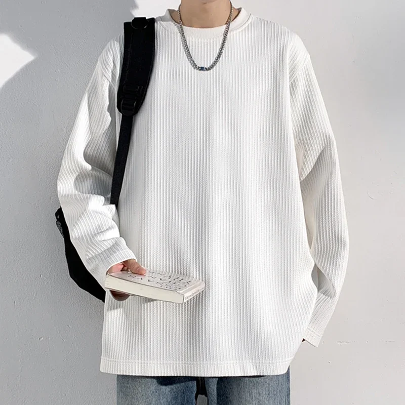 Men Ribbed Knit Crew Neck Long Sleeve T Shirt Solid Color Loose Cut Soft Casual Basic Tops Streetwear Daily Outfit view 3