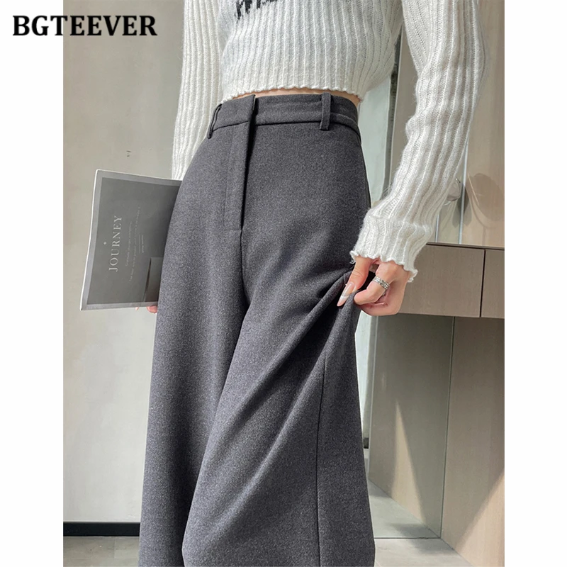 BGTEEVER Winter Thicken Women Wide Leg Trousers High Waist Pockets Warm Velvet Ladies Long Woolen Pants