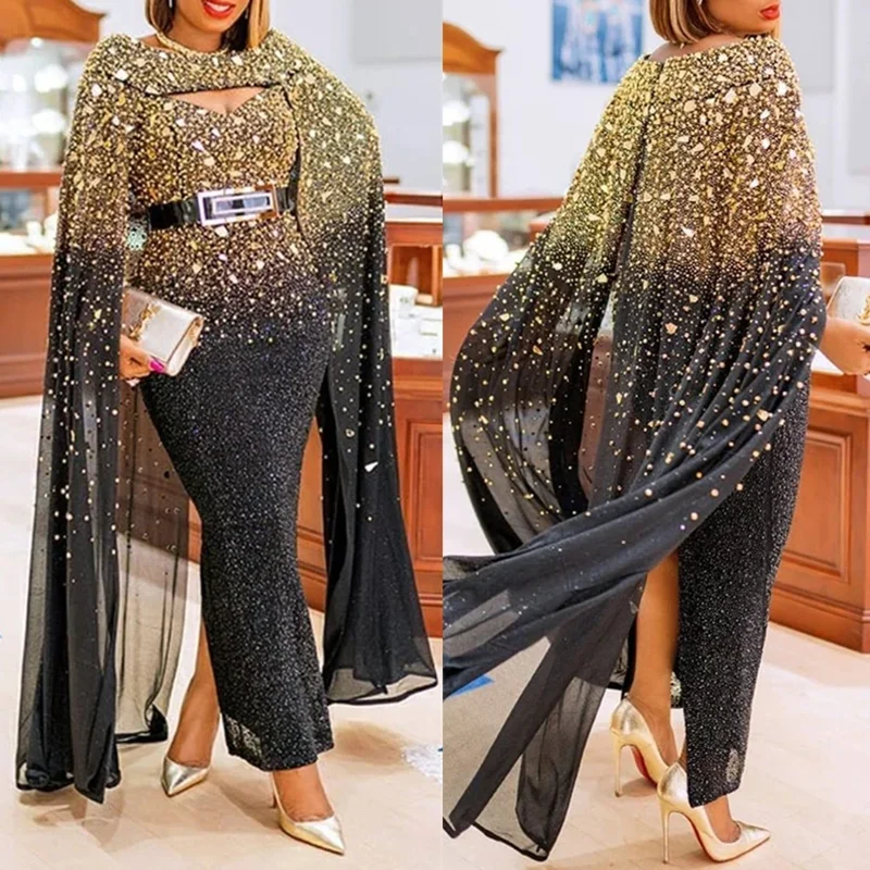 African Dresses for Women 2021 New Elegant Long Dress Cape Style Evening Party Robe Africa Clothes Maxi Dress